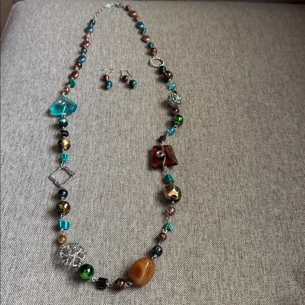 Colorful Beaded Necklace and Earring Set 18.5"